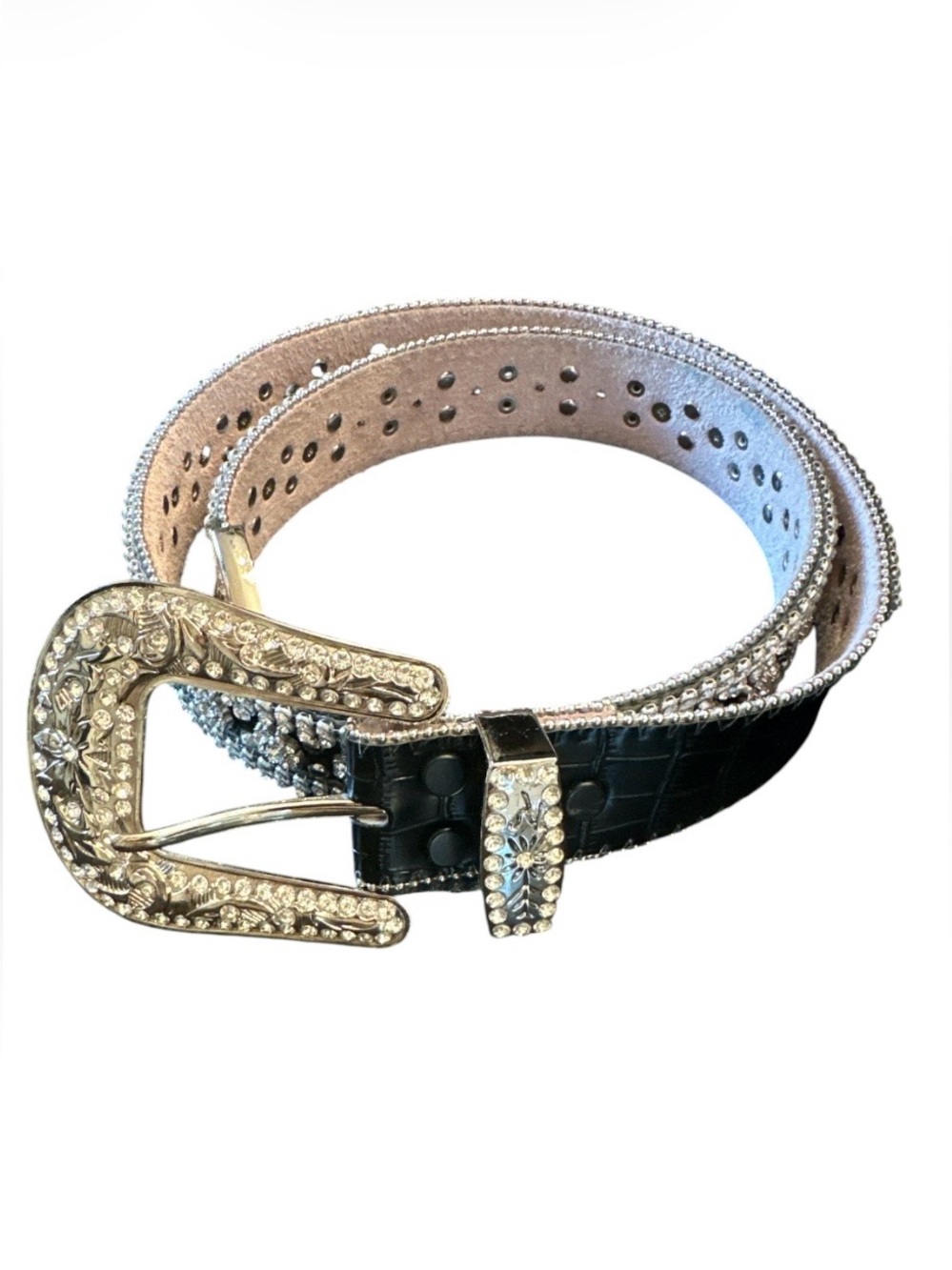 Y2K Bling Rhinestone Crystal Studded Western Belt Black Leather Size M